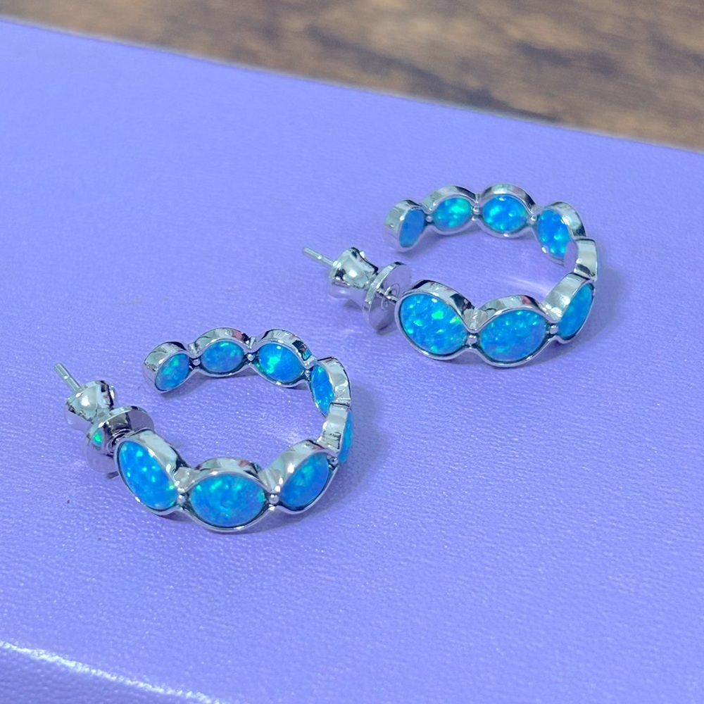 NEW "Oh She Fancy" Blue Opal Hoops 0.75” Silver